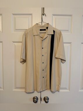 AXIS Beige Short Sleeve Button-Up Shirt with Black Stripe